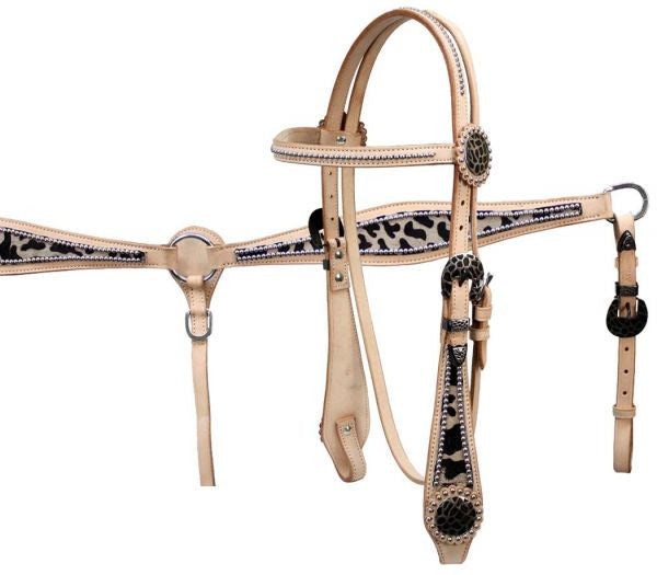 Showman double stitched leather silver beaded browband headstall and breast collar set with hair on giraffe print.