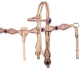 Showman™ double stitched leather browband headstall and breastcollar set with purple rhinestones.