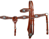 Showman™ double stitched fully tooled leather  browband headstall and breast collar set with turquoise rhinestones.