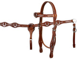 Showman™ double stitched fully tooled leather  browband headstall and breast collar set with horse shoe conchos and rhinestones.
