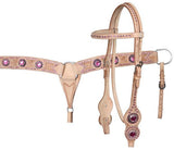 Showman™ double stitched leather browband headstall and breastcollar set with pink rhinestones.