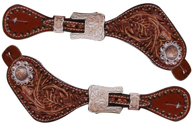 Showman ® Ladies size Basket weave tooled spur straps accented with teal crystal rhinestone conchos and studs.