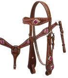 Showman™ tooled leather browband headstall and breastcollar set with pink or turquoise rhinestones.
