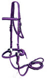 Braided nylon bitless bridle with reins.