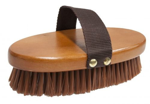 Medium bristle brush with smooth wooden oval base and nylon hand strap.