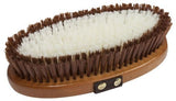 Medium bristle brush with smooth wooden oval base and nylon hand strap.
