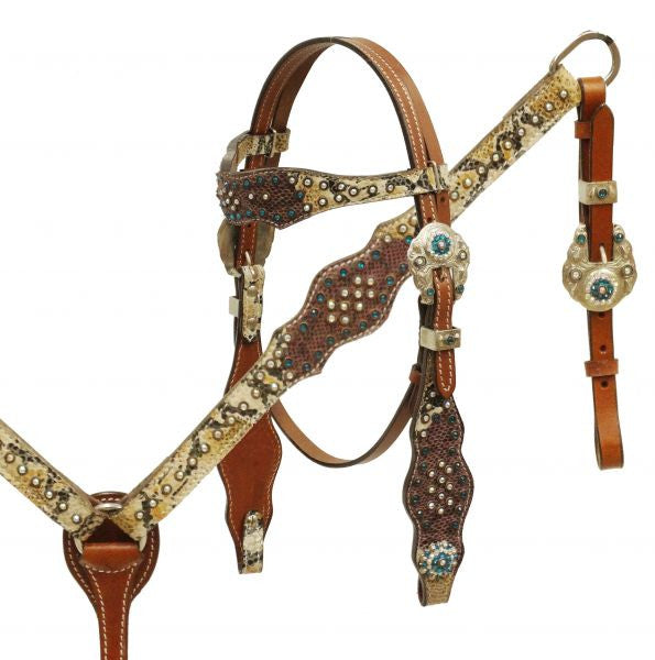 Showman ® Headstall and breast collar with purple and yellow snake print accented with rhinestones.