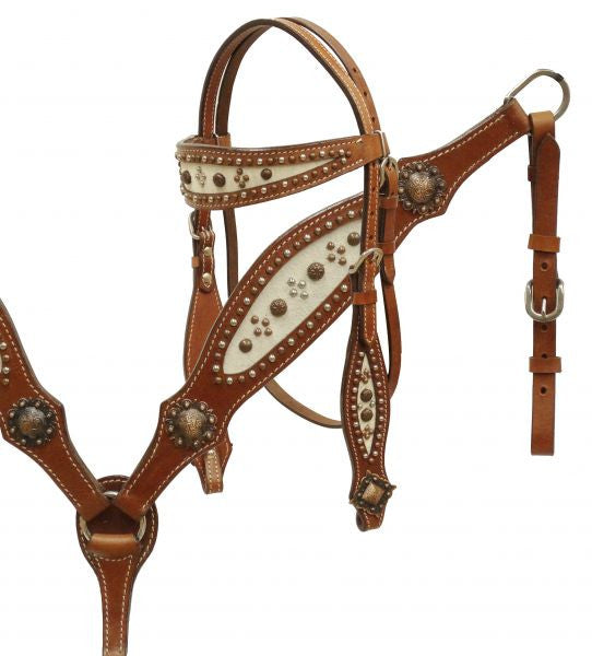 Showman ® Hair-on cowhide headstall and breast collar set accented with copper and silver studs.