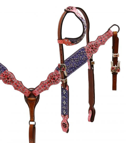 Showman ® One ear headstall and breast collar set with pink and purple alligator print overlay.