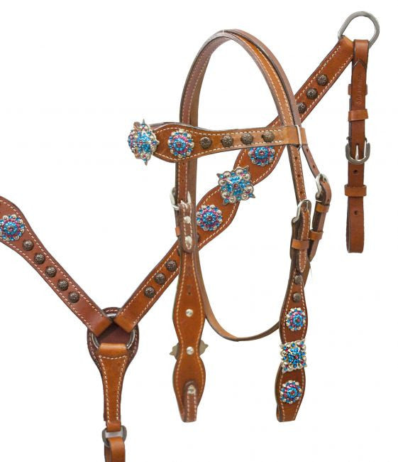 Showman ® Headstall and breast collar set with blue and pink crystal rhinestone conchos.