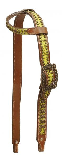 Showman ® Single ear filigree print belt style headstall with antique bronze hardware and studs.