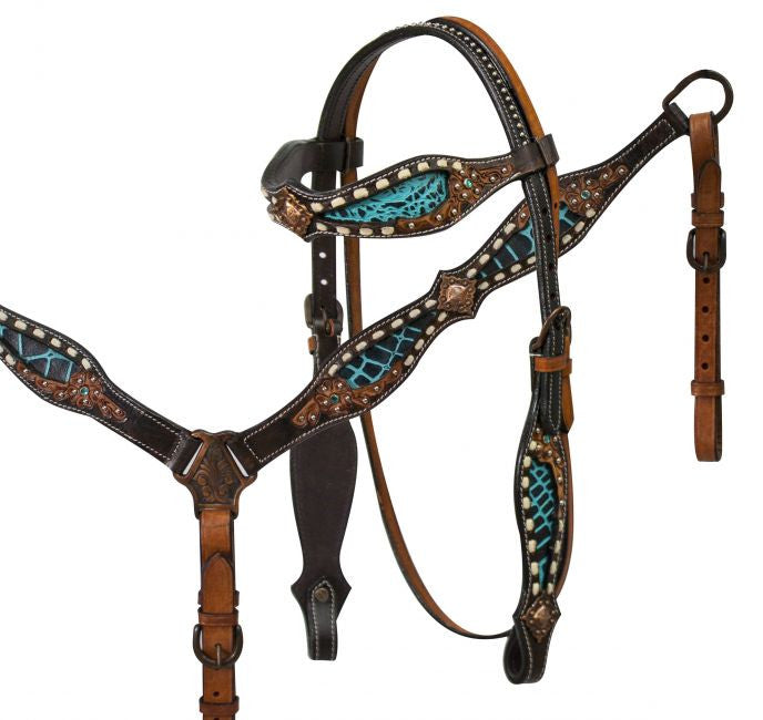Showman ® headstall and breast collar set with teal alligator print inlay accented with tan buck stitch and floral tooling.