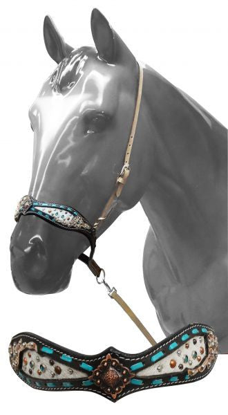 Showman ® Adjustable tie down cowhide inlay accented with teal buck stitching.