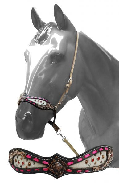 Showman ® Adjustable tie down cowhide inlay accented with pink buck stitching.