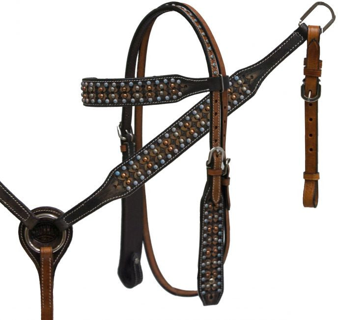 Showman ® Studded headstall and breast collar set with antique style leather accented colored studs.
