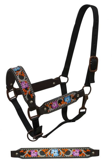 Showman FULL SIZE Painted floral tooled belt halter with antique style hardware
