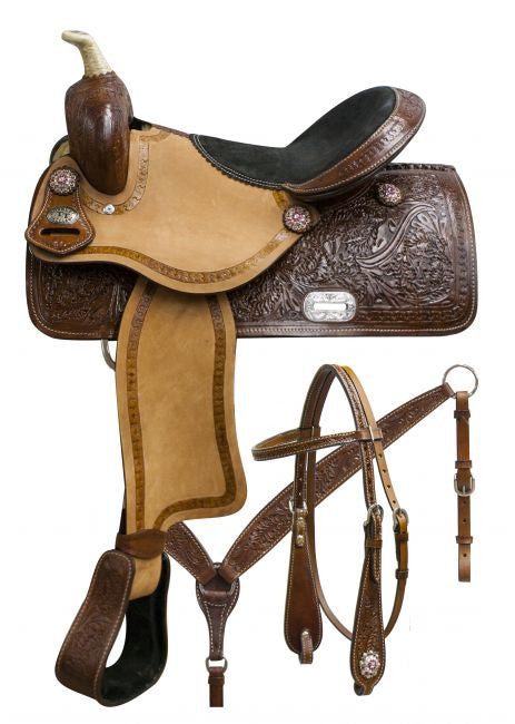 15", 16" Double T barrel saddle set with oak leaf tooling and pink crystal rhinestone conchos.