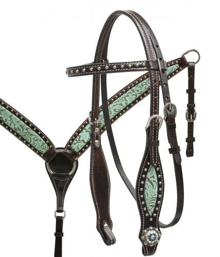 15", 16" Double T barrel saddle set with teal filigree inlay.
