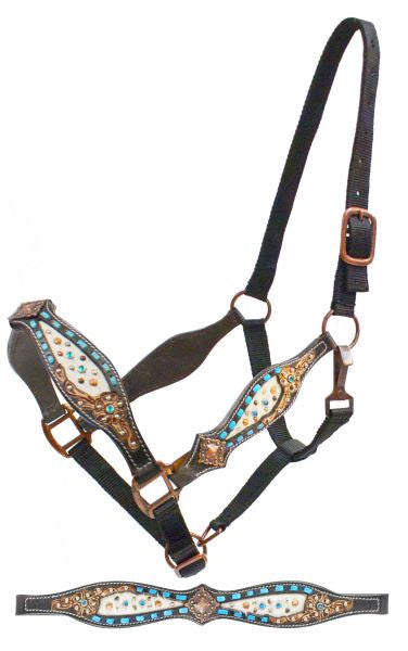 Showman ® Belt style halter with teal buck stich and hair on cowhide inlay.