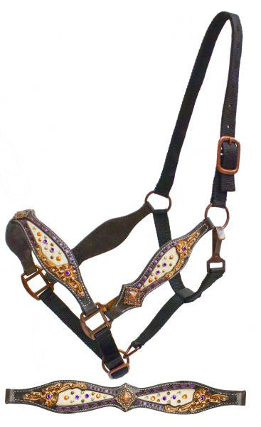 Showman ® Belt style halter with purple buck stich and hair on cowhide inlay.