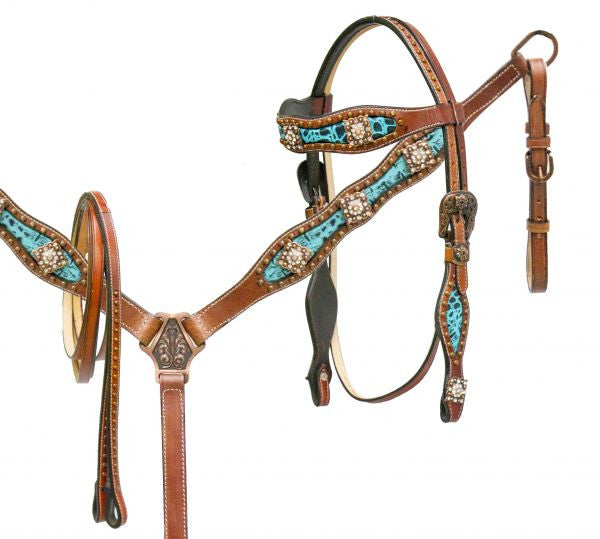 Showman ® Teal alligator print inlay headstall and breast collar set accented with crystal rhinestone conchos.
