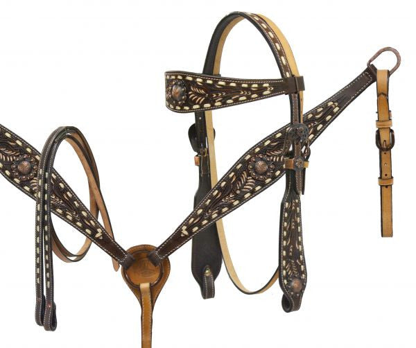 Showman ® Cream buck stitch headstall and breast collar with painted tooling.