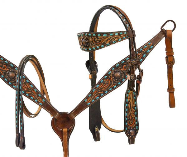 Showman ® Teal buck stitched headstall and breast collar set with engraved bronze conchos.