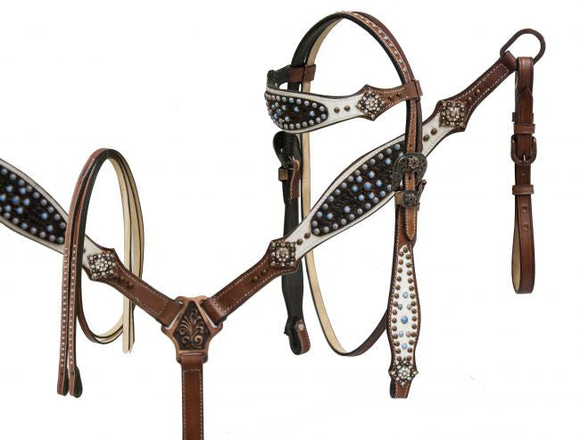 Showman ® Headstall and breast collar with white leather and dark tooled leather overlays.