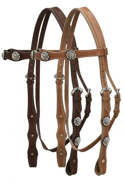 Leather double stitched headstall with clear rhinestone conchos.