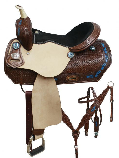 14", 15", 16"  Double T  barrel style saddle set with blue feather design.