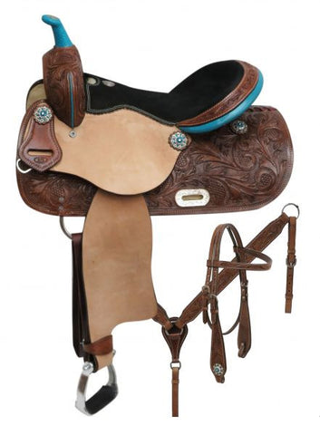 14", 15", 16" Double T  barrel style saddle set with teal trim.