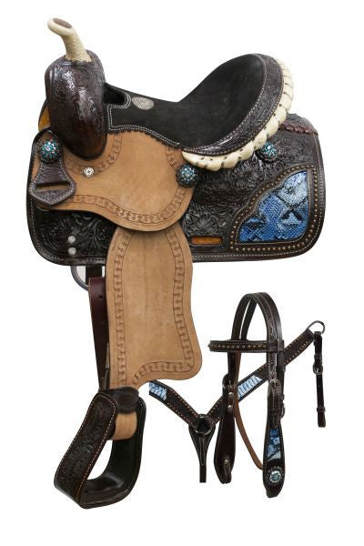 10" Double T pony saddle set with blue snake print inlays.