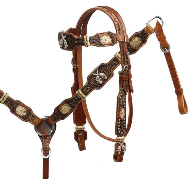 Showman ® Rawhide braided headstall and breast collar set with crossed guns conchos.