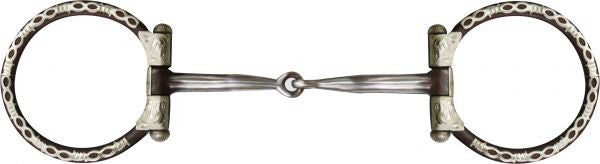 Showman ® Brown steel snaffle style bit with barbwire silver trim on 3.5" ring. Stainless steel 5.25" broken mouth piece.