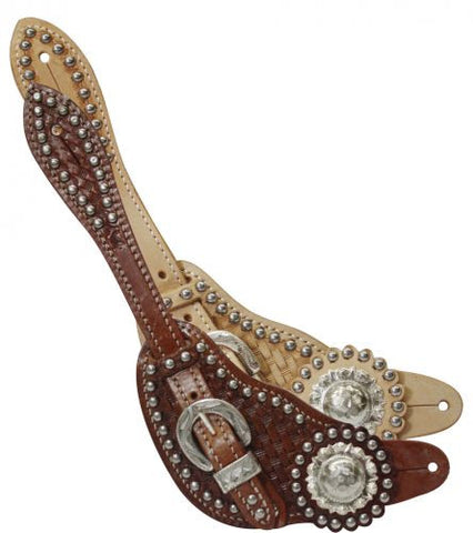 Showman™ Ladies Show Spur Straps with Engraved Silver and Basket Weave Tooling.
