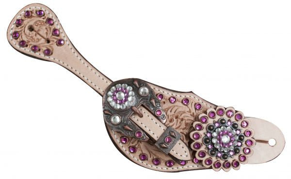 Showman ® LADIES SIZE Pink crystal rhinestone spur straps with floral tooling.