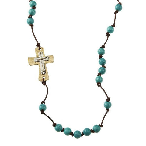 12" Leather strand necklace with turquoise stone beads and gold cross.