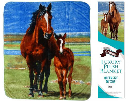 Showman Couture ™ Luxury plush blanket with mare and foal print. Queen Size 76" x 93".