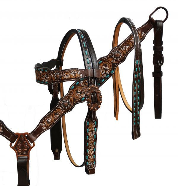 Showman ® Hand painted floral tooled headstall and breast collar with teal buck stitch.