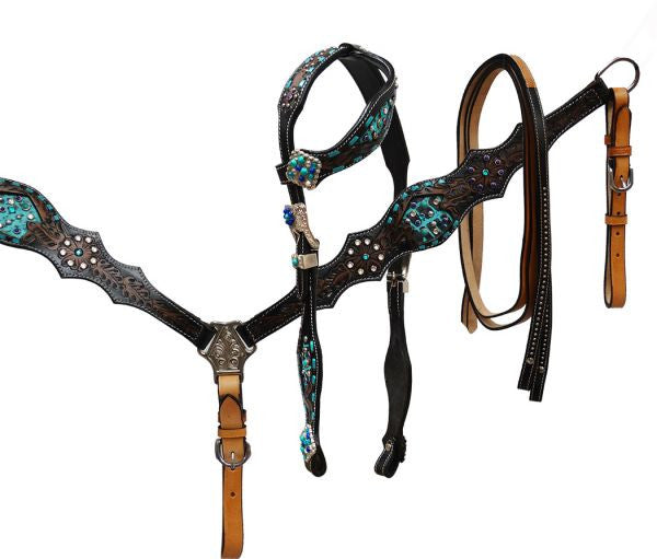Showman ® Alligator print inlay headstall and breast collar with teal buck stitch.