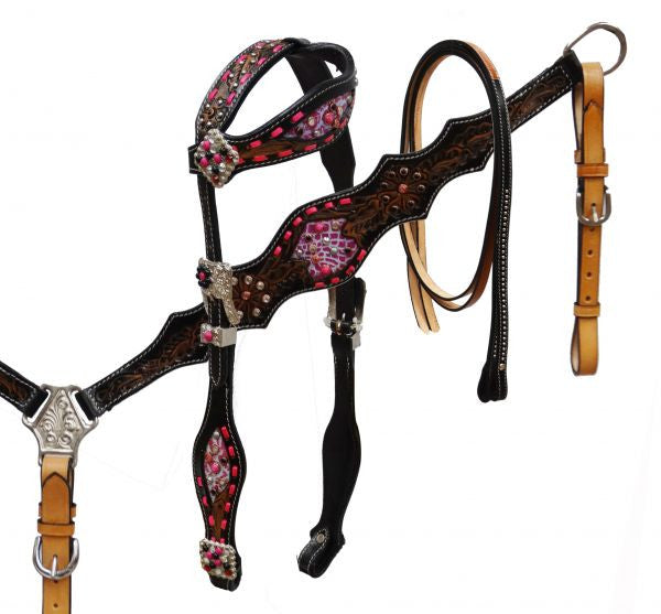 Showman ®  Alligator print inlay headstall and breast collar set with pink buck stitch .