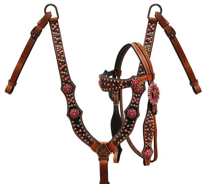 Showman ® Copper alligator print headstall and breast collar with pink candy stone conchos.
