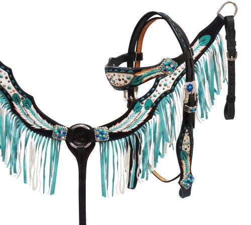 Showman ® hand painted feather headstall and breast collar set with teal leather fringe.