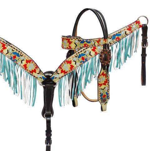 Showman ® hand painted Navajo design headstall and breast collar set.