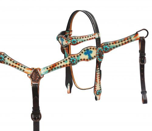Showman ® hand painted headstall and breast collar set with Celtic cross.