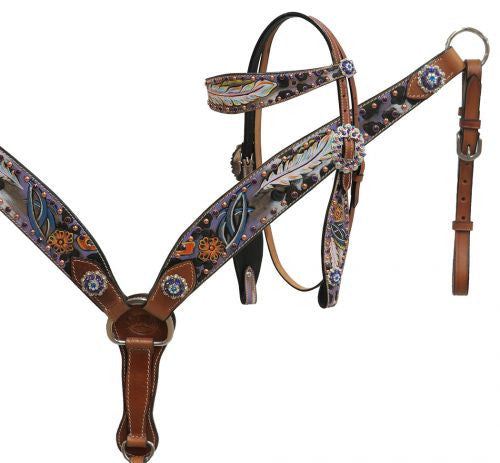 Showman® Gypsy feather painted headstall and breast collar set.
