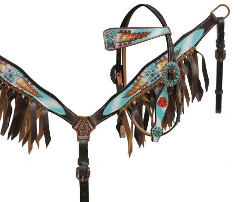 Showman® Guns and Roses headstall and breast collar set with leather fringe.