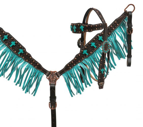 Showman® Turquoise cross headstall and breast collar set.