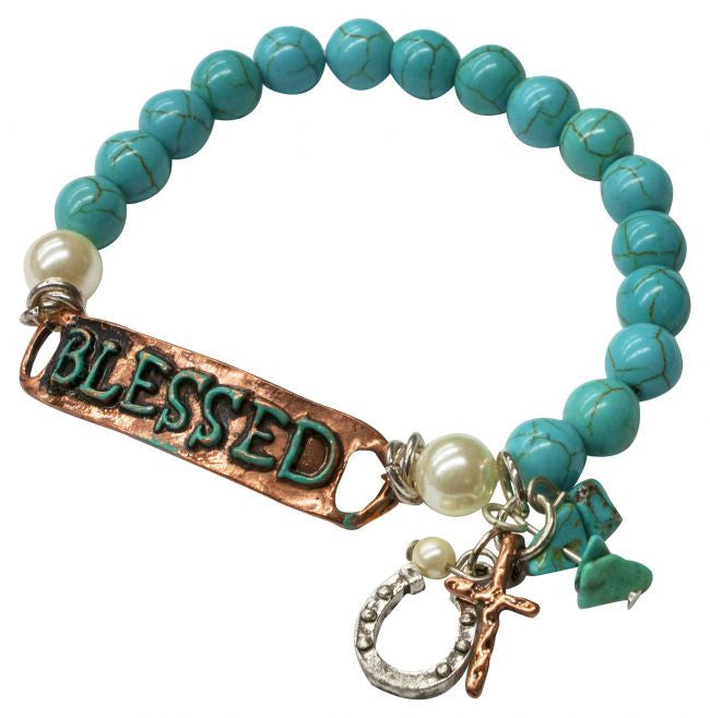 Turquoise stone bead bracelet with " Blessed" copper plate and horse shoe charm.