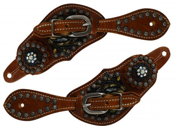 Showman ® Youth size painted floral tooled spur straps with crystal conchos.